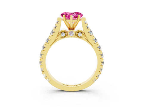 Yellow gold Heart Cut Pink Sapphire Classic Solitaire Ring with Pavé Band and Four-Prong Setting_15
