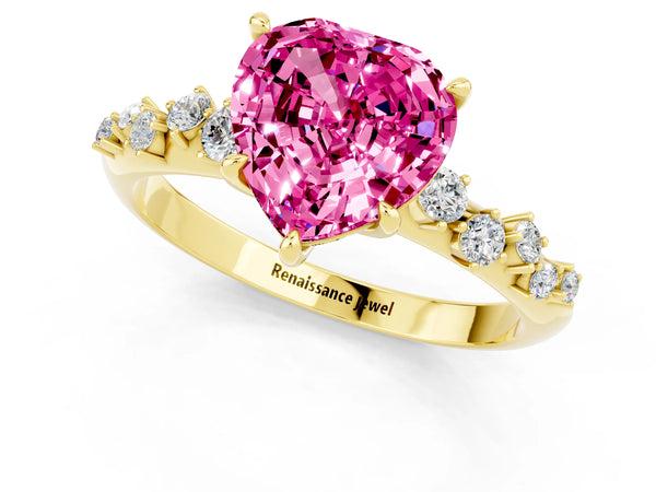 Yellow gold Heart Cut Pink Sapphire Cluster Side Stone Solitaire Ring with Prong Setting