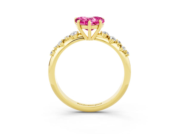 Yellow gold Heart Cut Pink Sapphire Cluster Side Stone Solitaire Ring with Prong Setting