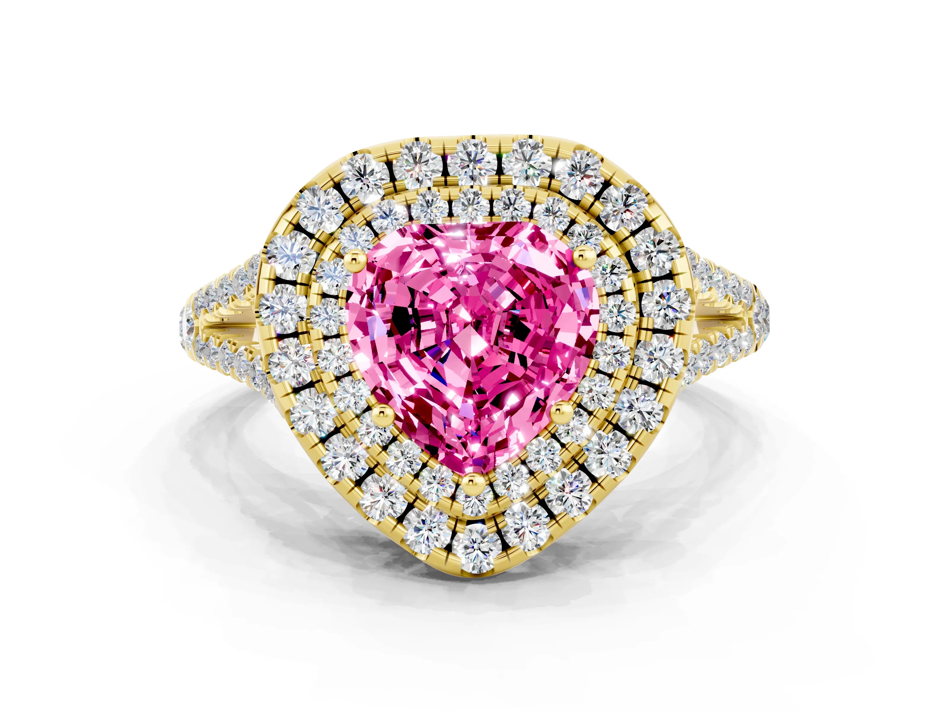 Yellow gold Heart Cut Pink Sapphire Double Halo Ring with Pavé Band and Prong Setting_12