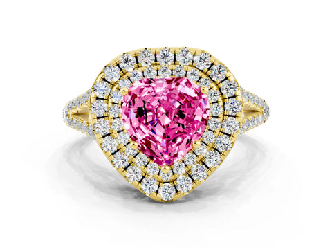 Yellow gold Heart Cut Pink Sapphire Double Halo Ring with Pavé Band and Prong Setting_12