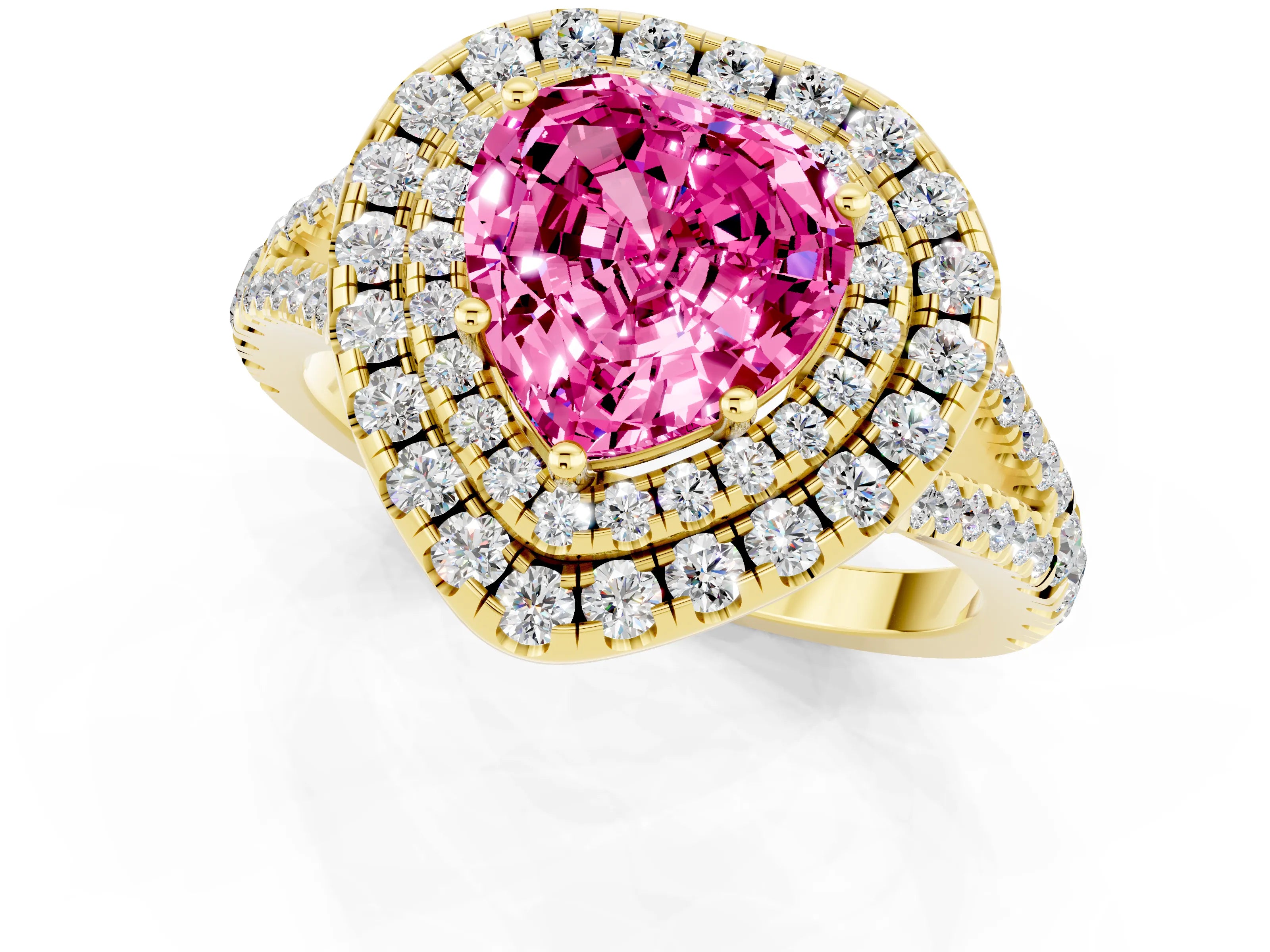 Yellow gold Heart Cut Pink Sapphire Double Halo Ring with Pavé Band and Prong Setting_13