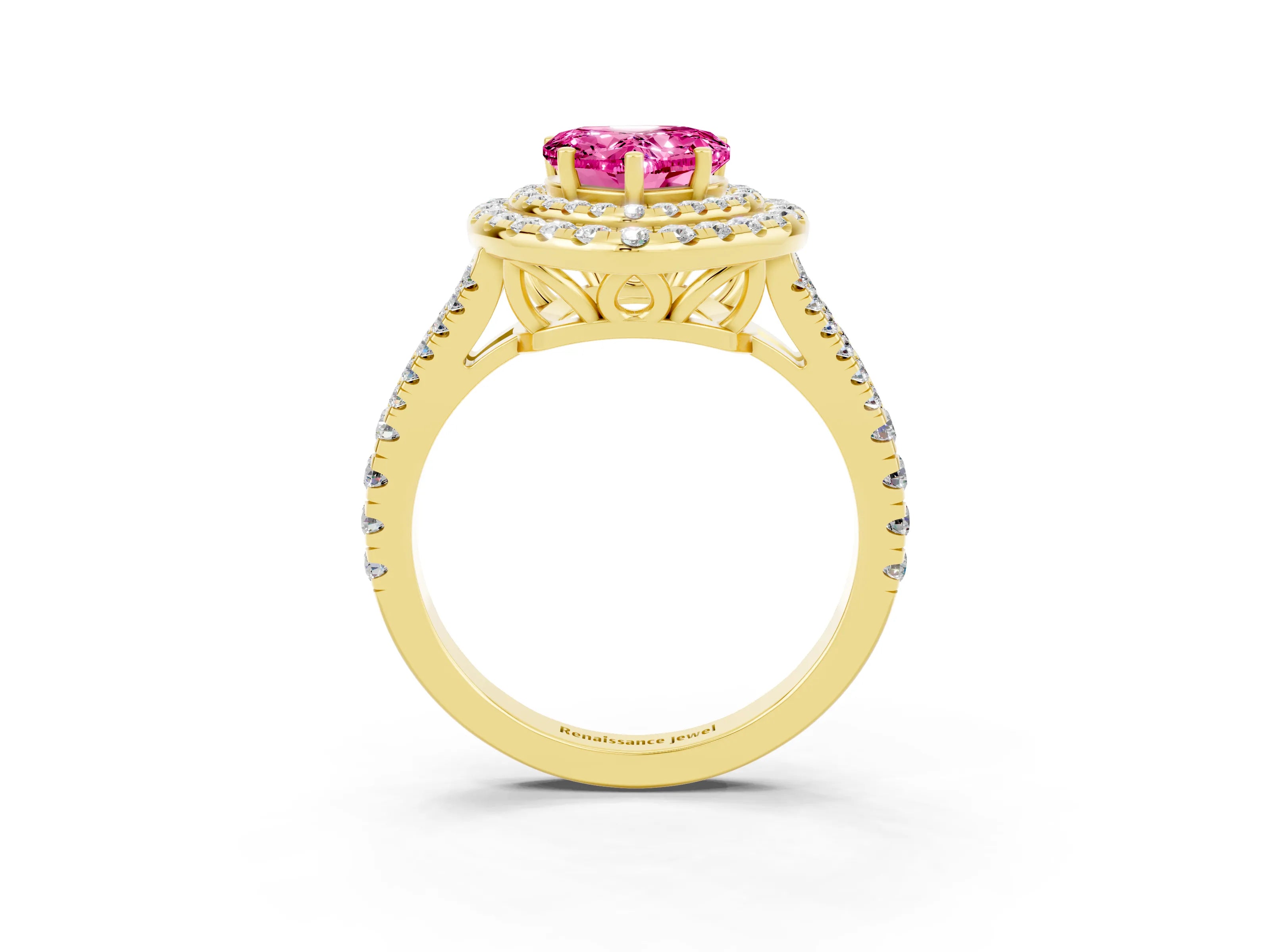 Yellow gold Heart Cut Pink Sapphire Double Halo Ring with Pavé Band and Prong Setting_15