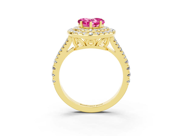 Yellow gold Heart Cut Pink Sapphire Double Halo Ring with Pavé Band and Prong Setting