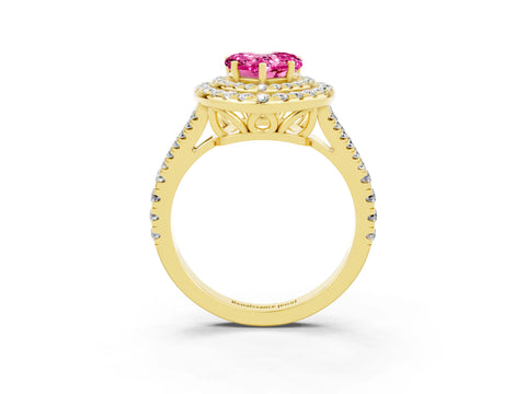 Yellow gold Heart Cut Pink Sapphire Double Halo Ring with Pavé Band and Prong Setting_15