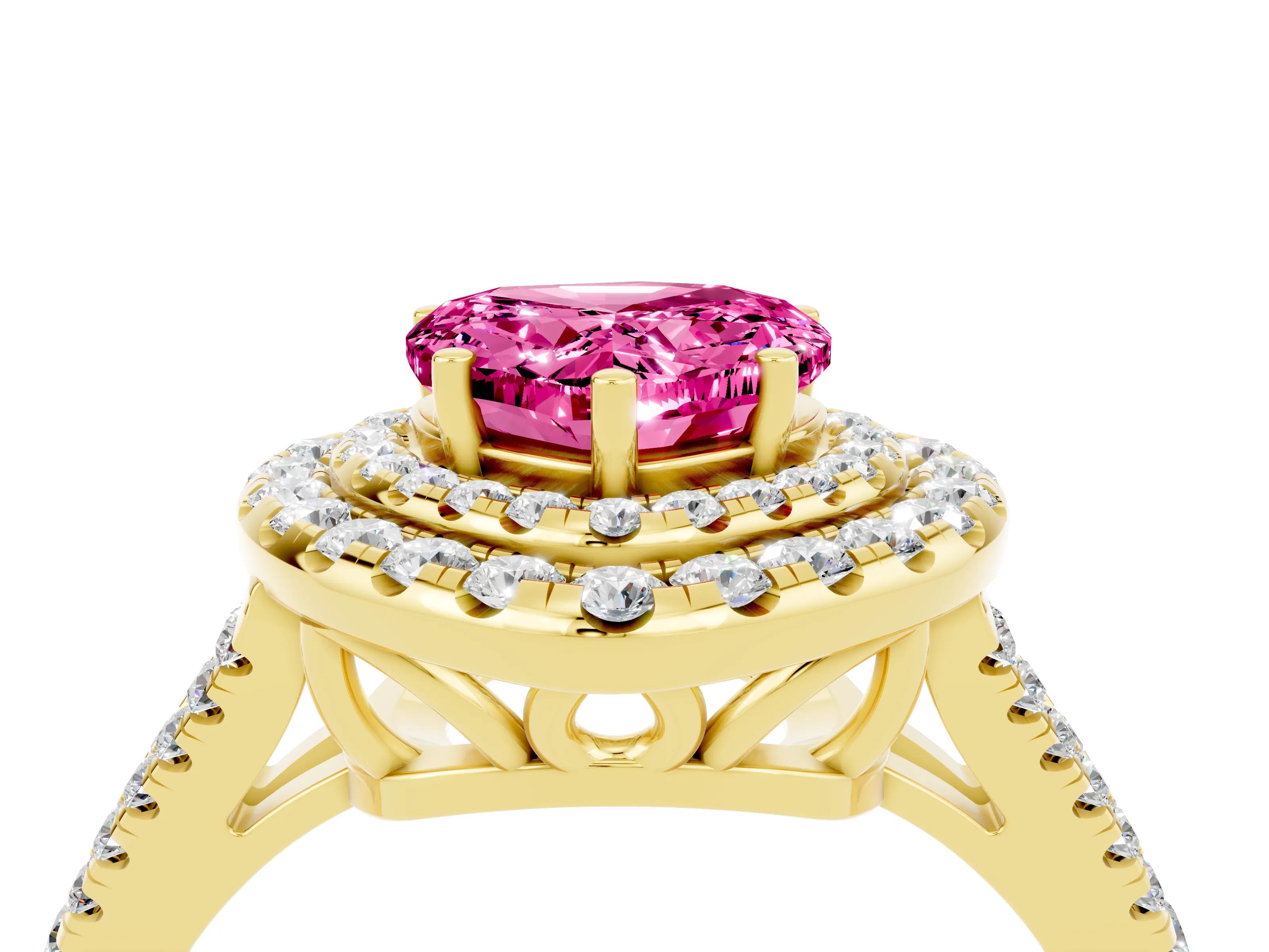 Yellow gold Heart Cut Pink Sapphire Double Halo Ring with Pavé Band and Prong Setting_16