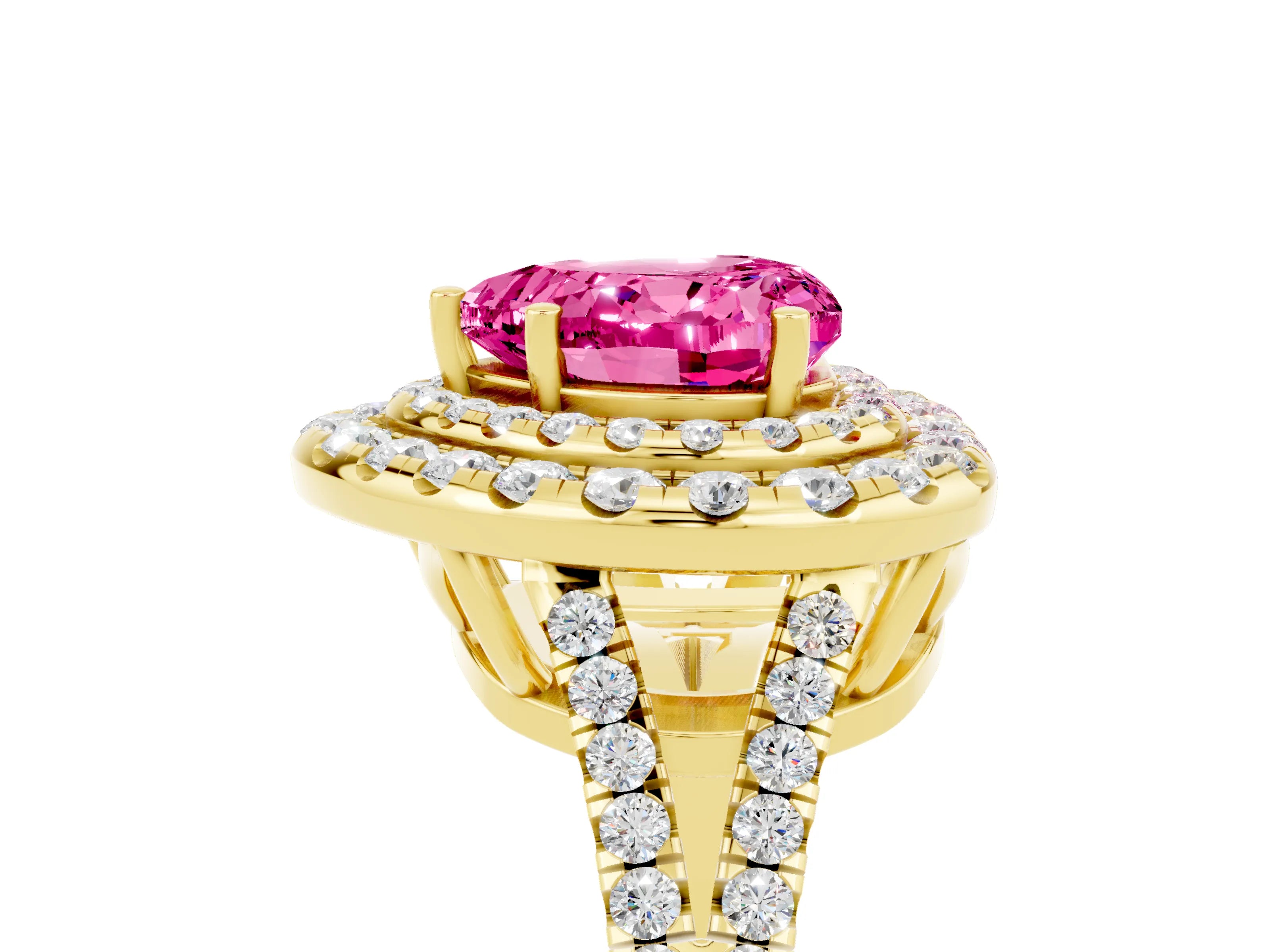Yellow gold Heart Cut Pink Sapphire Double Halo Ring with Pavé Band and Prong Setting_17