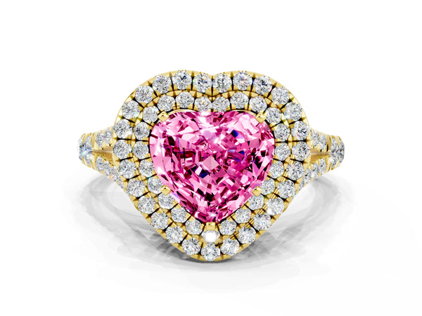 Yellow gold Heart Cut Pink Sapphire Double Halo Ring with Split Shank and Prong Setting