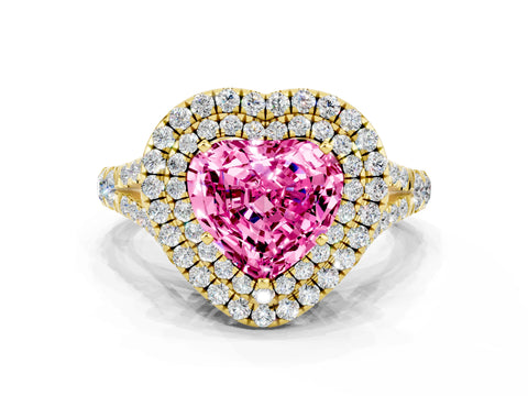 Yellow gold Heart Cut Pink Sapphire Double Halo Ring with Split Shank and Prong Setting_12