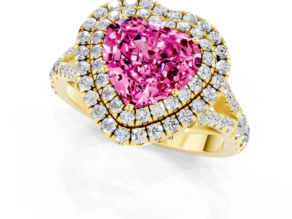 Yellow gold Heart Cut Pink Sapphire Double Halo Ring with Split Shank and Prong Setting