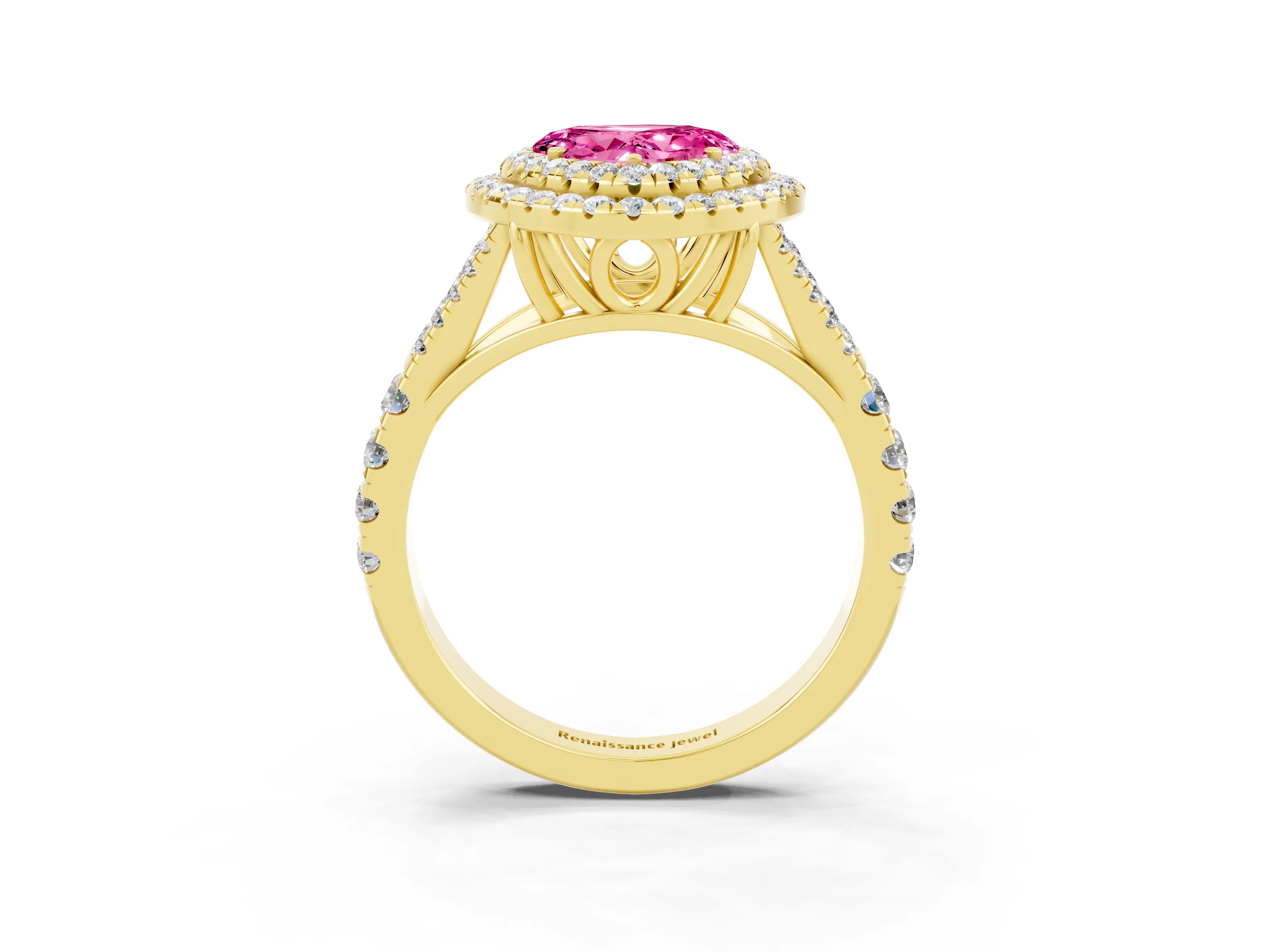 Yellow gold Heart Cut Pink Sapphire Double Halo Ring with Split Shank and Prong Setting_15
