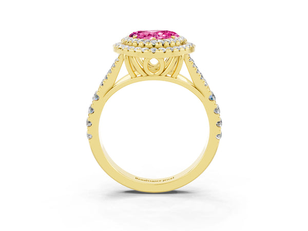 Yellow gold Heart Cut Pink Sapphire Double Halo Ring with Split Shank and Prong Setting