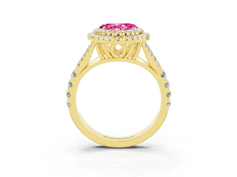 Yellow gold Heart Cut Pink Sapphire Double Halo Ring with Split Shank and Prong Setting_15