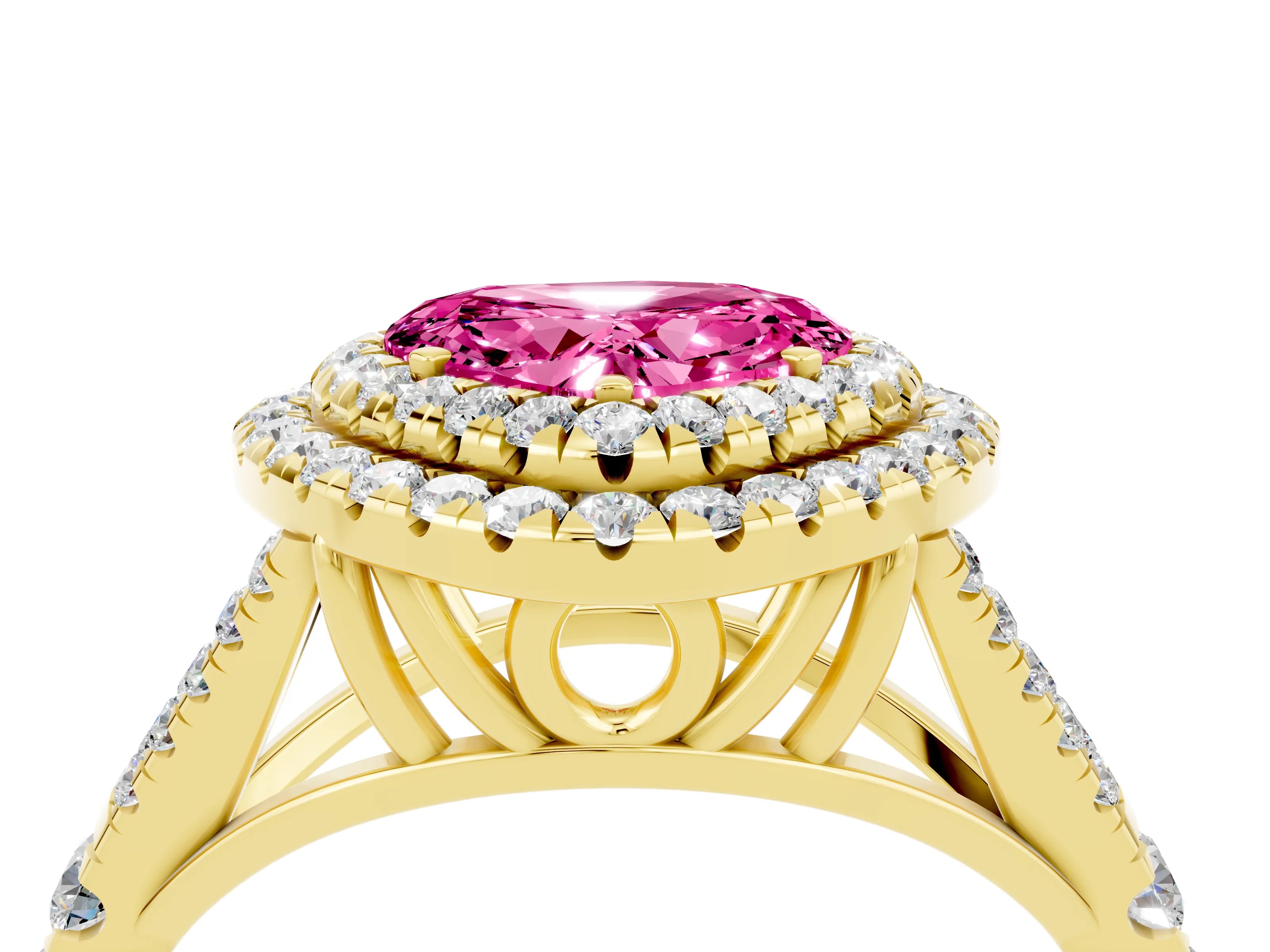 Yellow gold Heart Cut Pink Sapphire Double Halo Ring with Split Shank and Prong Setting_16