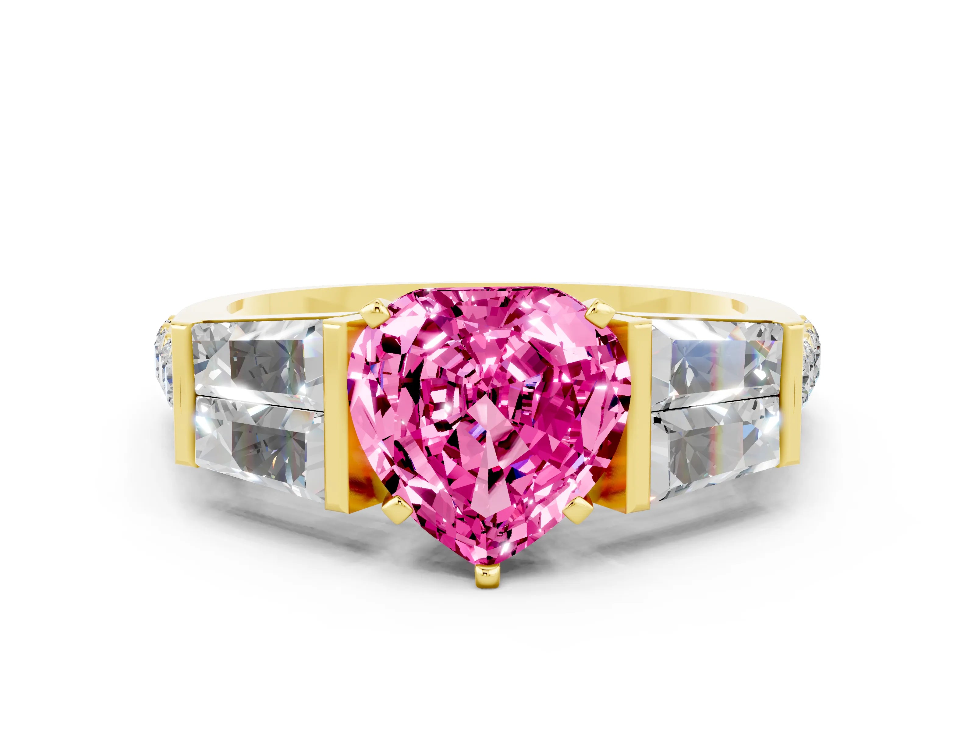 Yellow gold Heart Cut Pink Sapphire Engagement Ring with Baguette Side Stones and Channel Set Band
