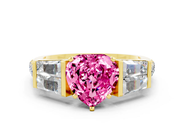 Yellow gold Heart Cut Pink Sapphire Engagement Ring with Baguette Side Stones and Channel Set Band