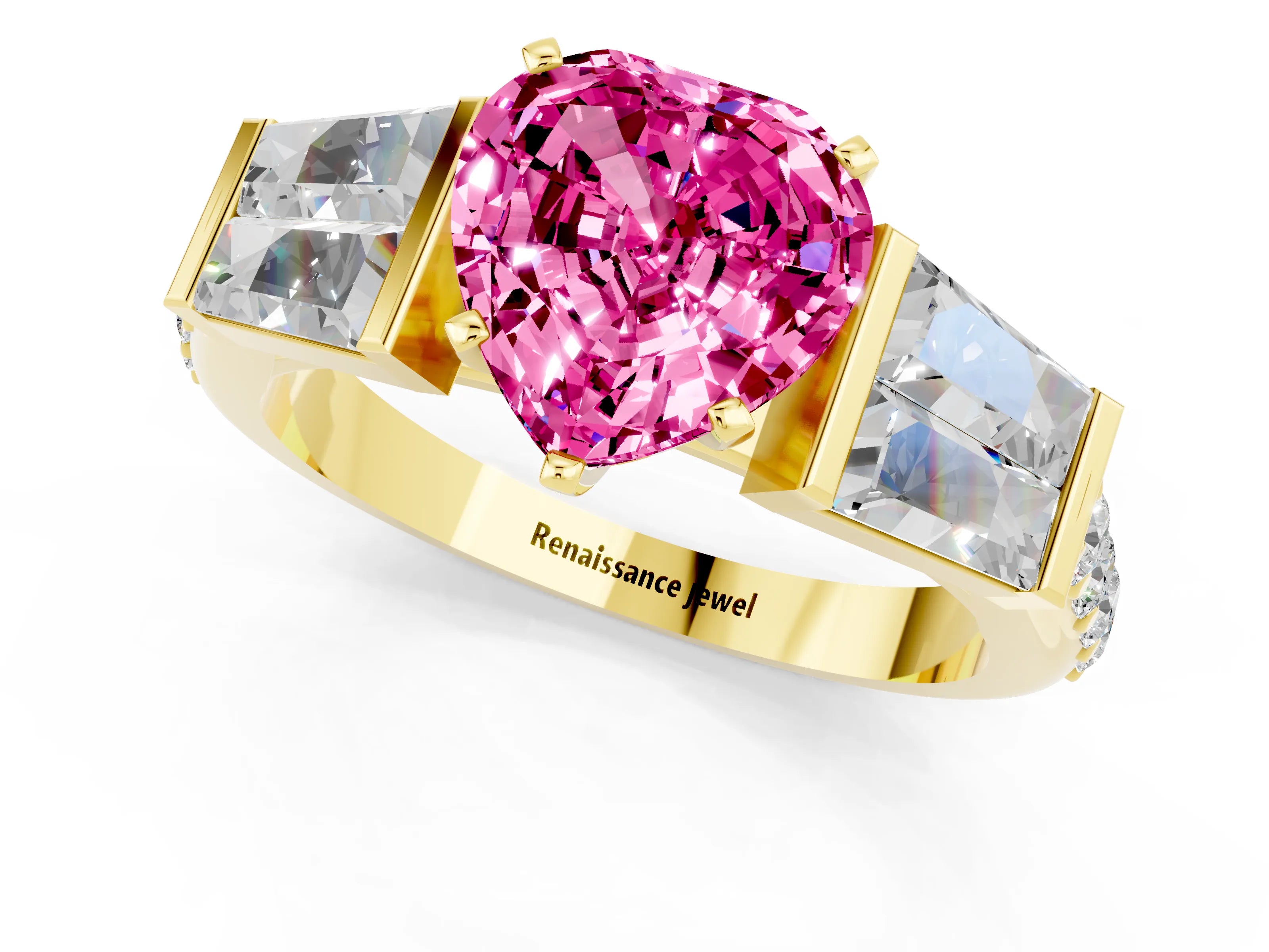 Yellow gold Heart Cut Pink Sapphire Engagement Ring with Baguette Side Stones and Channel Set Band_1