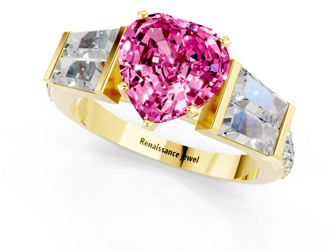 Yellow gold Heart Cut Pink Sapphire Engagement Ring with Baguette Side Stones and Channel Set Band_1