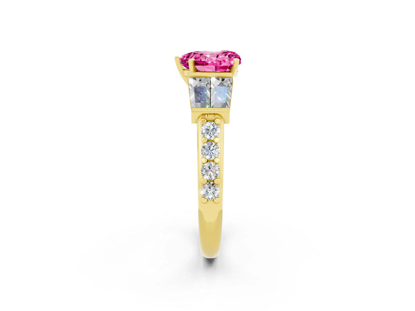 Yellow gold Heart Cut Pink Sapphire Engagement Ring with Baguette Side Stones and Channel Set Band