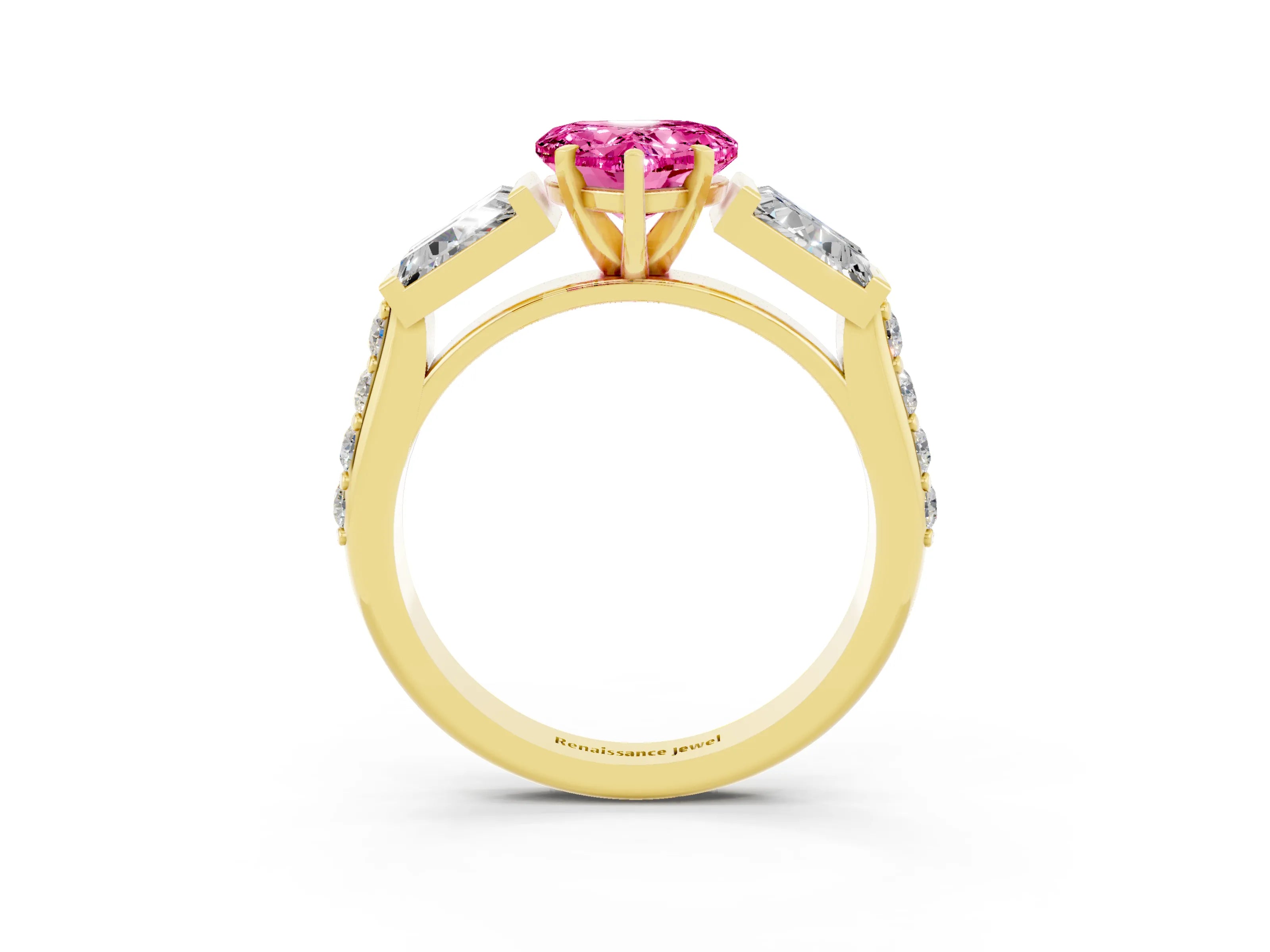Yellow gold Heart Cut Pink Sapphire Engagement Ring with Baguette Side Stones and Channel Set Band_3