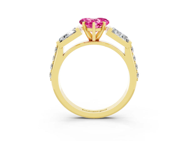 Yellow gold Heart Cut Pink Sapphire Engagement Ring with Baguette Side Stones and Channel Set Band