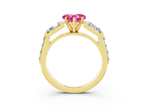 Yellow gold Heart Cut Pink Sapphire Engagement Ring with Baguette Side Stones and Channel Set Band_3