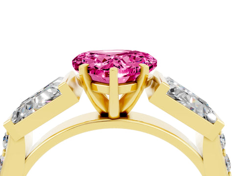 Yellow gold Heart Cut Pink Sapphire Engagement Ring with Baguette Side Stones and Channel Set Band_4