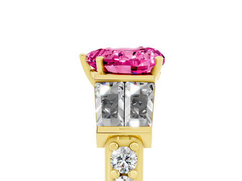 Yellow gold Heart Cut Pink Sapphire Engagement Ring with Baguette Side Stones and Channel Set Band_5