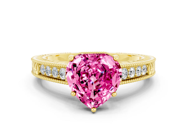 Yellow gold Heart Cut Pink Sapphire Engagement Ring with Milgrain Channel Set Band and Prong Setting
