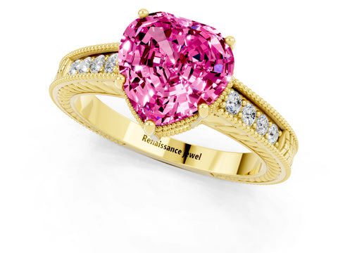 Yellow gold Heart Cut Pink Sapphire Engagement Ring with Milgrain Channel Set Band and Prong Setting_25