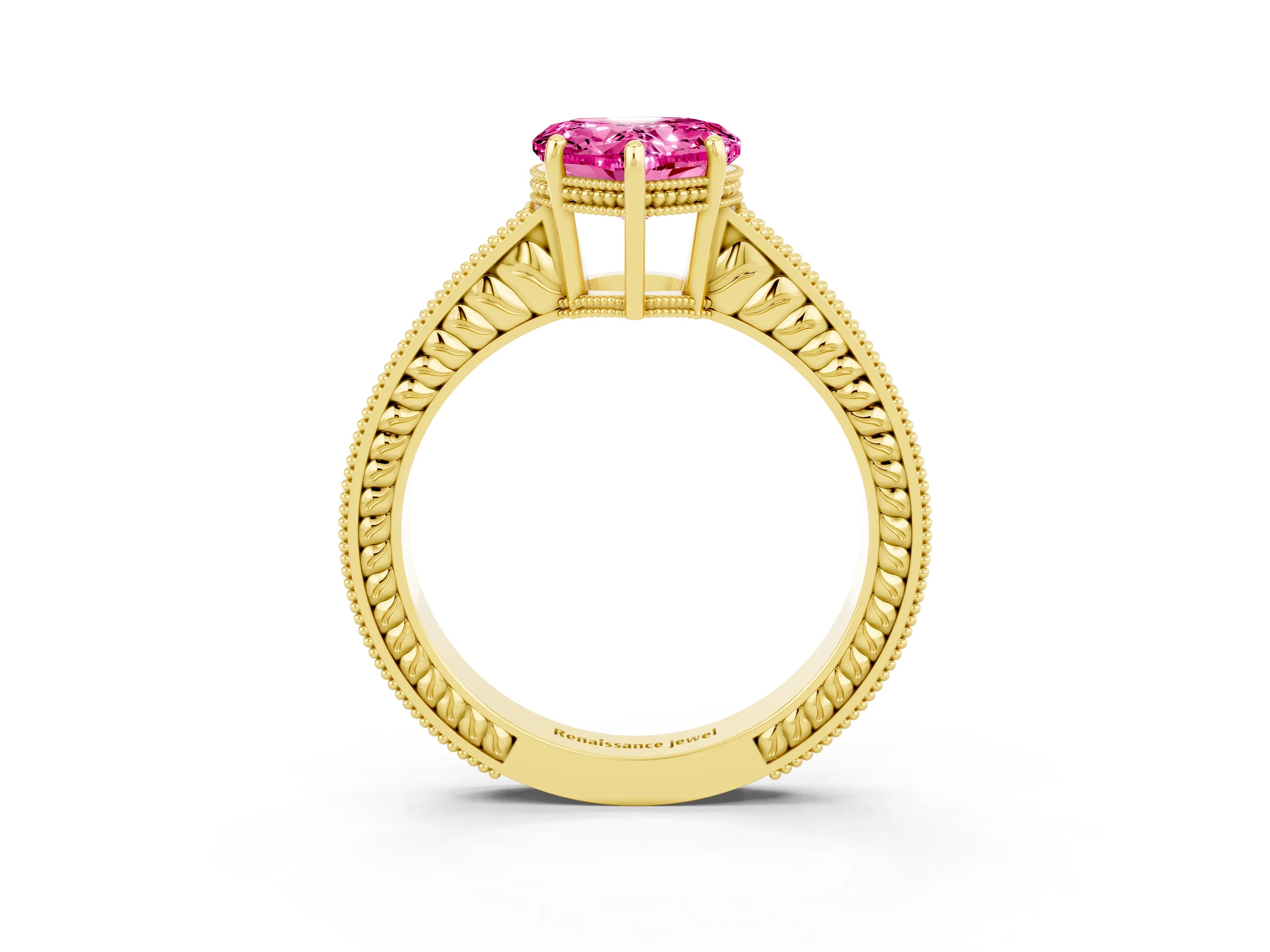 Yellow gold Heart Cut Pink Sapphire Engagement Ring with Milgrain Channel Set Band and Prong Setting_27