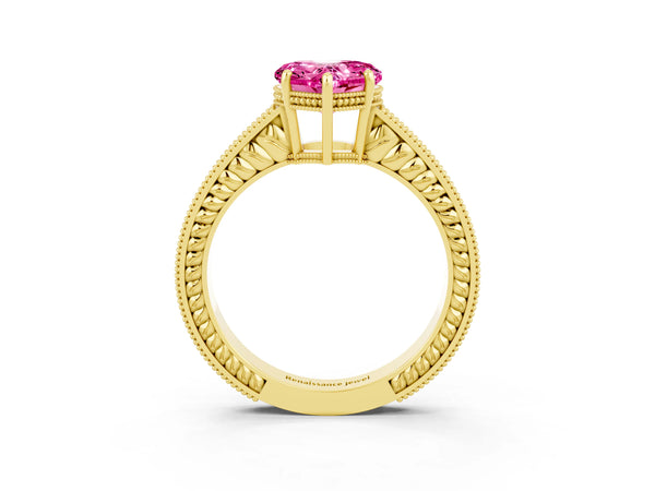 Yellow gold Heart Cut Pink Sapphire Engagement Ring with Milgrain Channel Set Band and Prong Setting