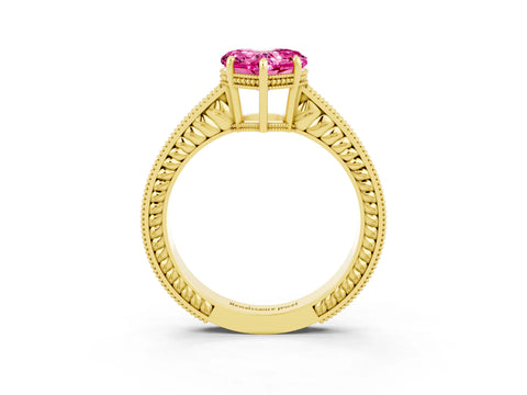 Yellow gold Heart Cut Pink Sapphire Engagement Ring with Milgrain Channel Set Band and Prong Setting_27
