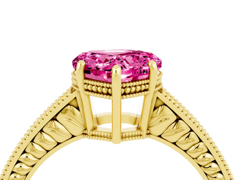 Yellow gold Heart Cut Pink Sapphire Engagement Ring with Milgrain Channel Set Band and Prong Setting_28