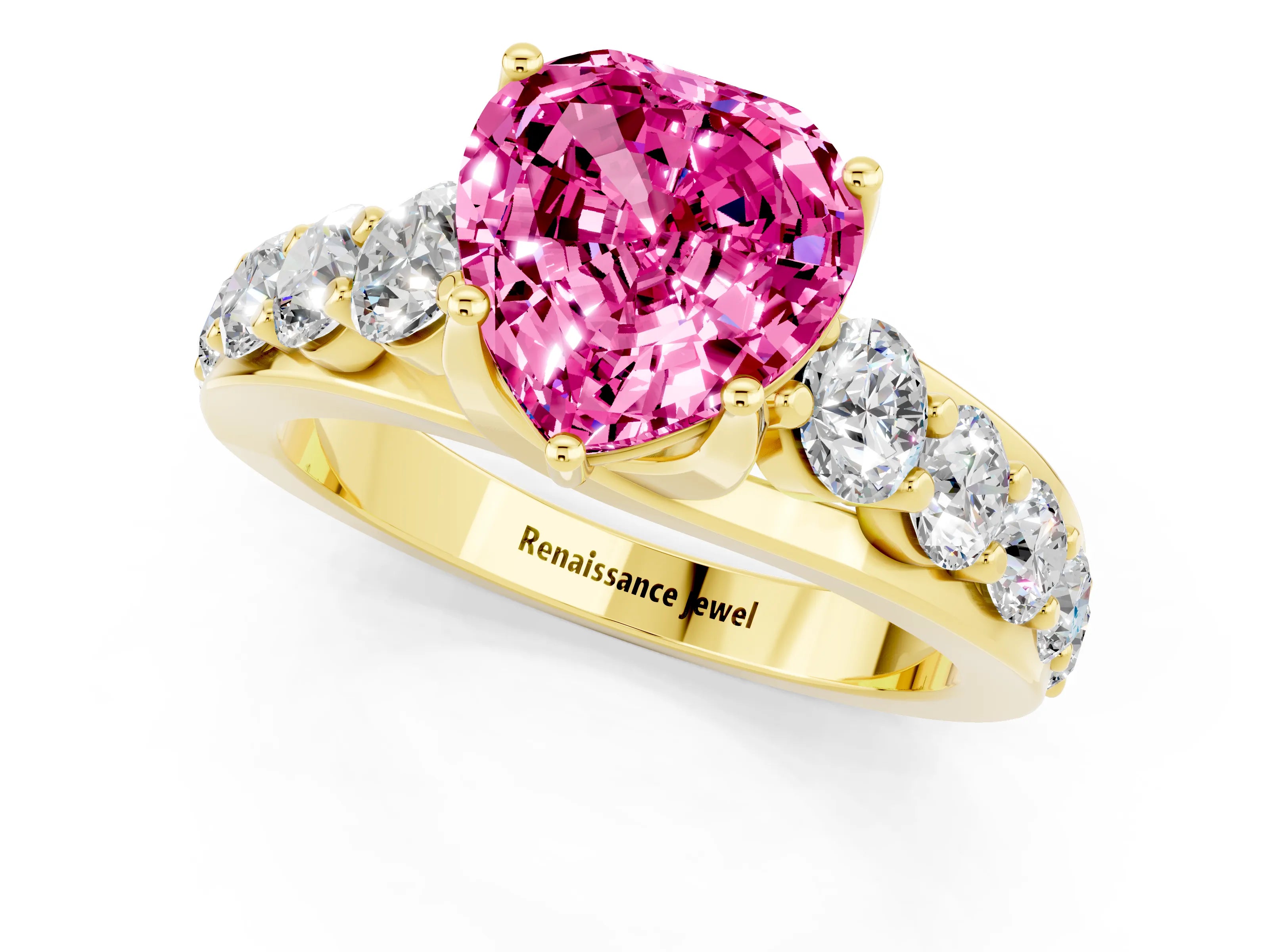 Yellow gold Heart Cut Pink Sapphire Engagement Ring with Pavé Band and Four-Prong Setting_1