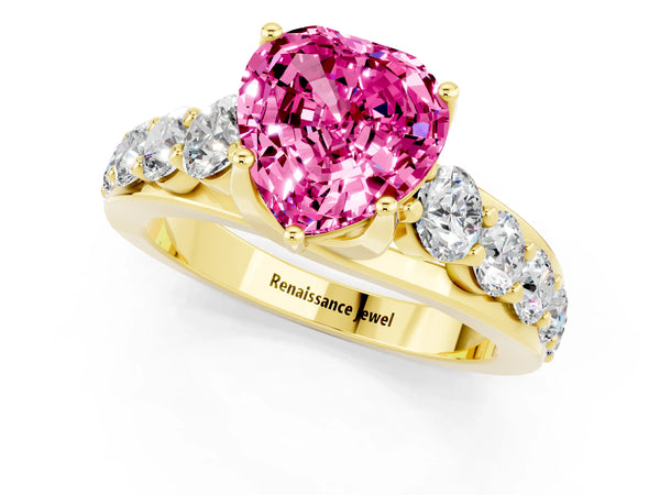 Yellow gold Heart Cut Pink Sapphire Engagement Ring with Pavé Band and Four-Prong Setting