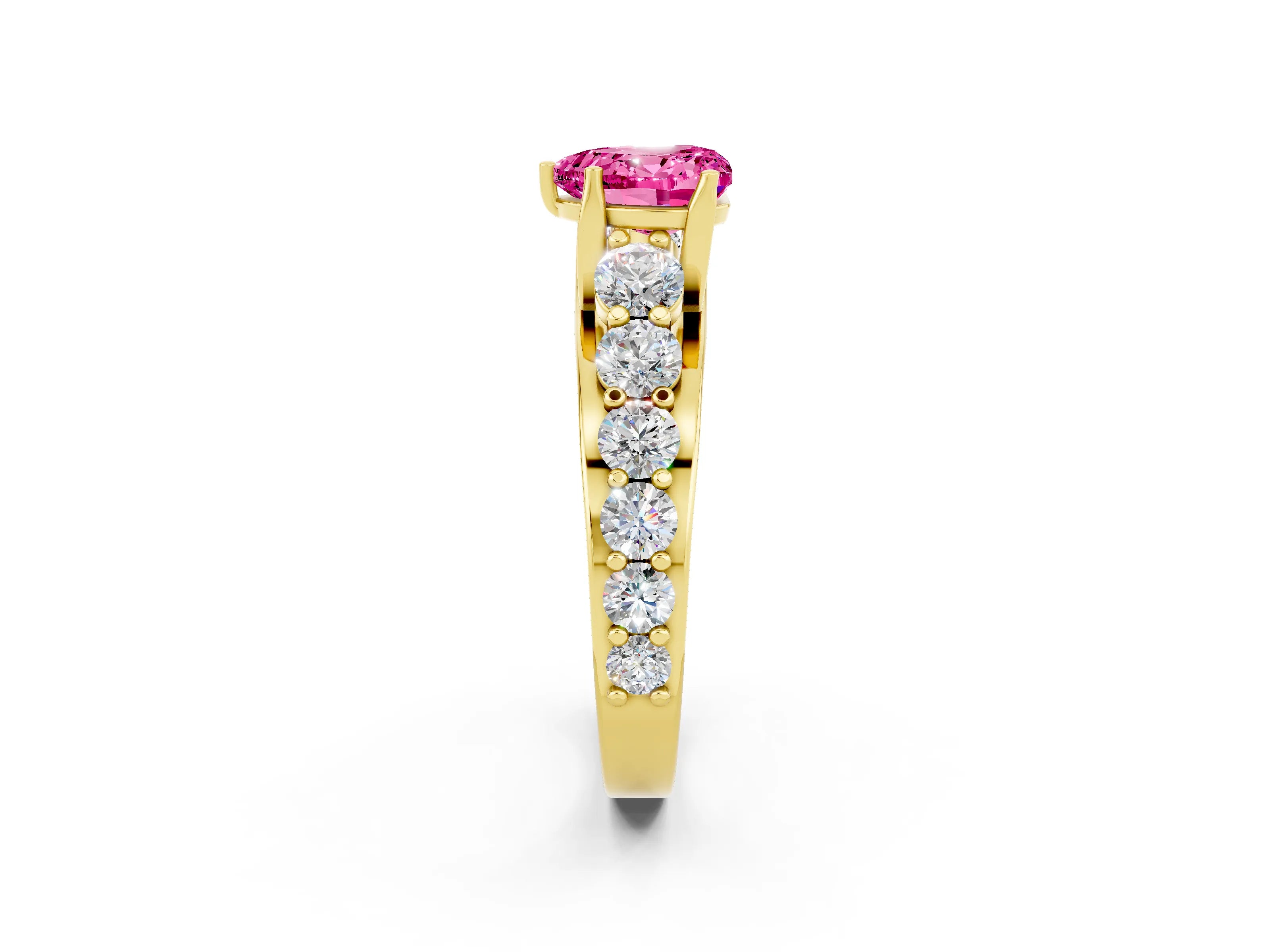 Yellow gold Heart Cut Pink Sapphire Engagement Ring with Pavé Band and Four-Prong Setting_2