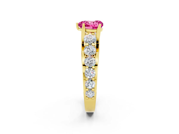 Yellow gold Heart Cut Pink Sapphire Engagement Ring with Pavé Band and Four-Prong Setting
