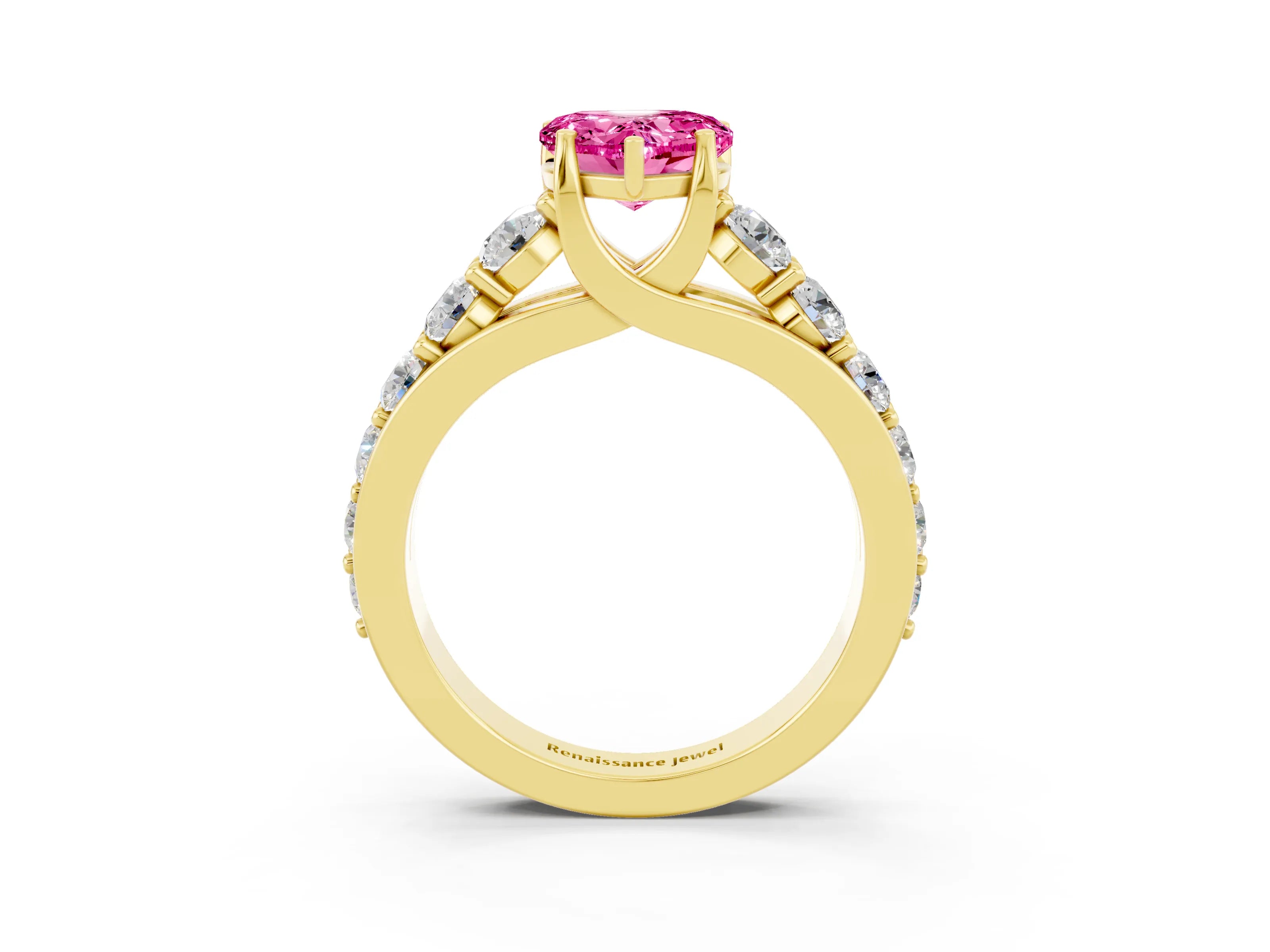 Yellow gold Heart Cut Pink Sapphire Engagement Ring with Pavé Band and Four-Prong Setting_3