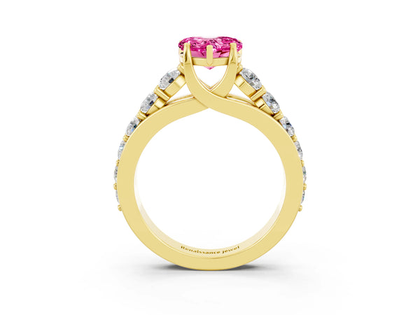 Yellow gold Heart Cut Pink Sapphire Engagement Ring with Pavé Band and Four-Prong Setting
