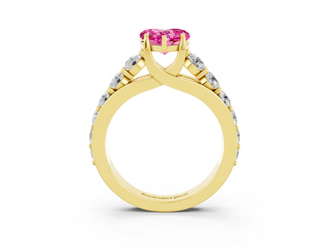 Yellow gold Heart Cut Pink Sapphire Engagement Ring with Pavé Band and Four-Prong Setting_3