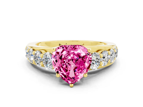 Yellow gold Heart Cut Pink Sapphire Engagement Ring with Pavé Band and Four-Prong Setting