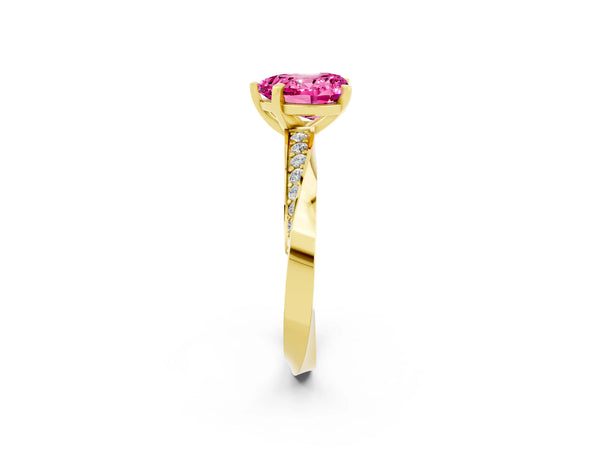 Yellow gold Heart Cut Pink Sapphire Engagement Ring with Side Stone Accents and Four-Prong Setting