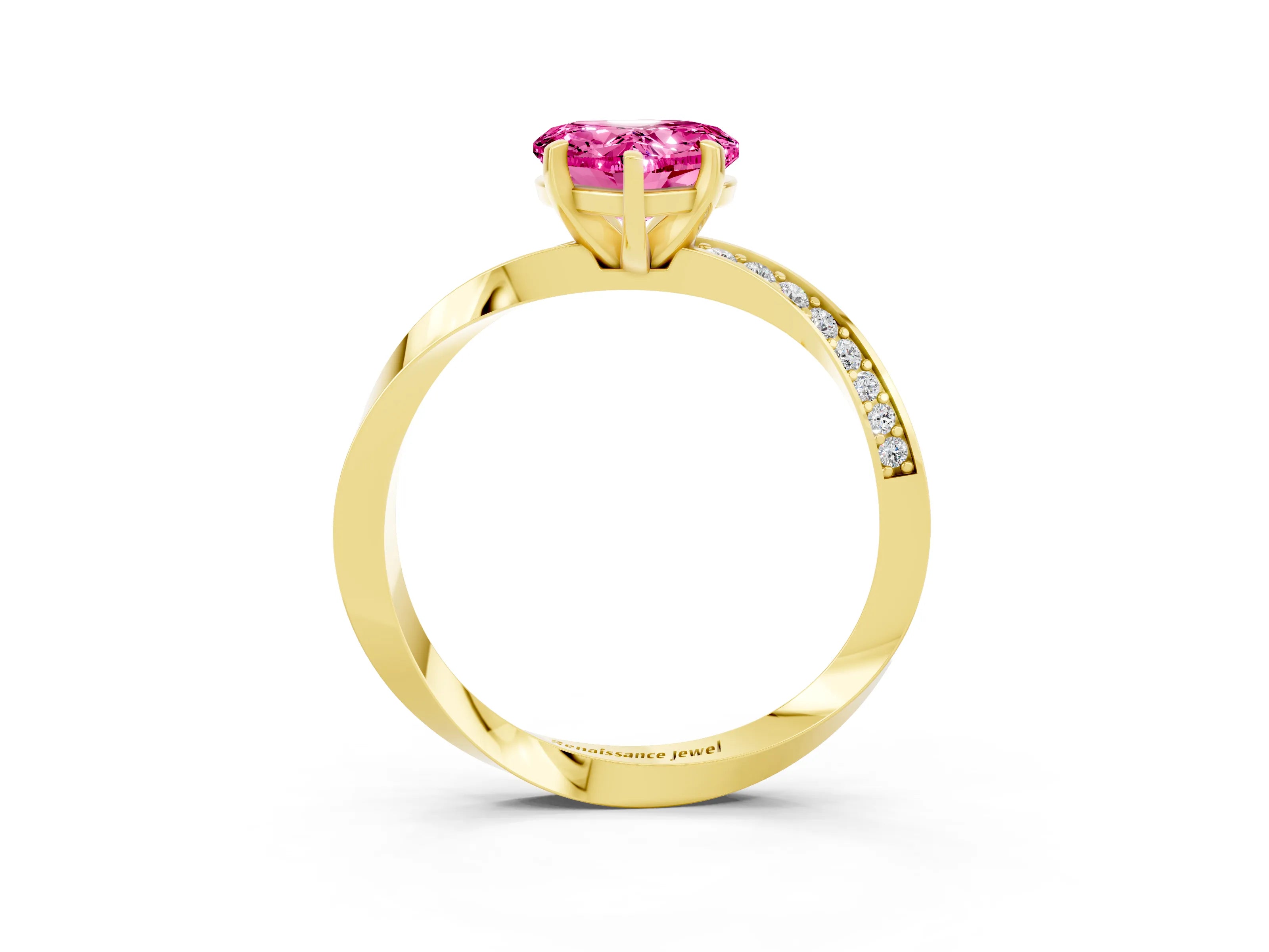 Yellow gold Heart Cut Pink Sapphire Engagement Ring with Side Stone Accents and Four-Prong Setting_51