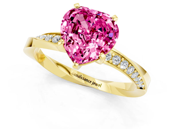 Yellow gold Heart Cut Pink Sapphire Engagement Ring with Side Stone Accents and Four-Prong Setting