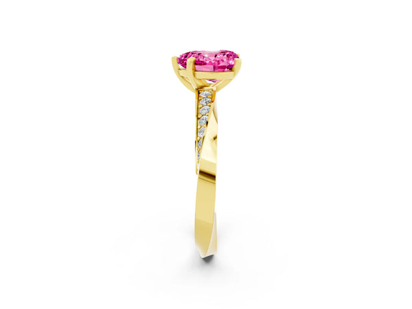 Yellow gold Heart Cut Pink Sapphire Engagement Ring with Side Stone Accents and Four-Prong Setting