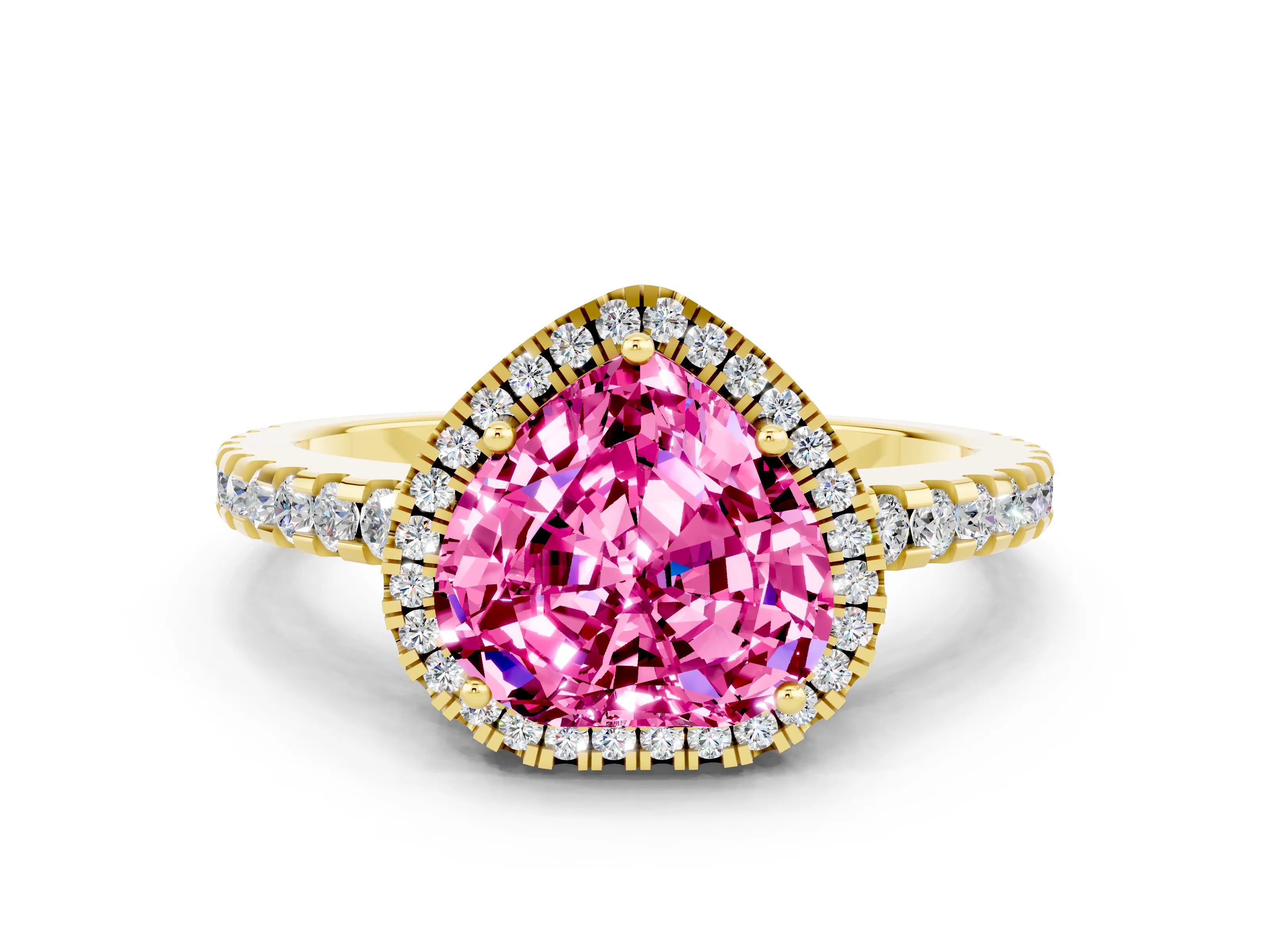 Yellow gold Heart Cut Pink Sapphire Halo Engagement Ring with Pavé Band and Prong Setting_12