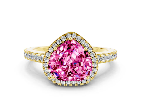 Yellow gold Heart Cut Pink Sapphire Halo Engagement Ring with Pavé Band and Prong Setting_12
