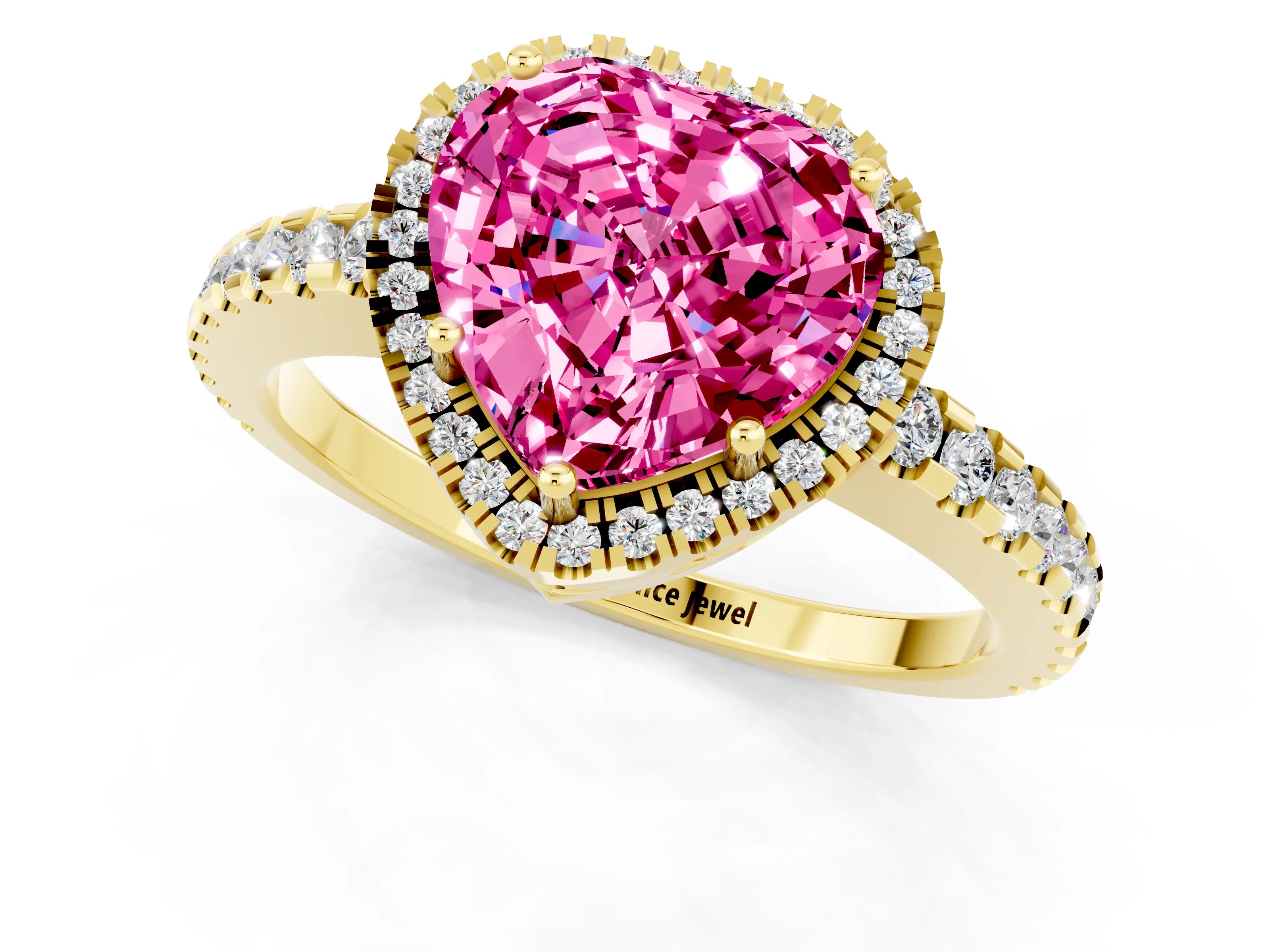 Yellow gold Heart Cut Pink Sapphire Halo Engagement Ring with Pavé Band and Prong Setting_13