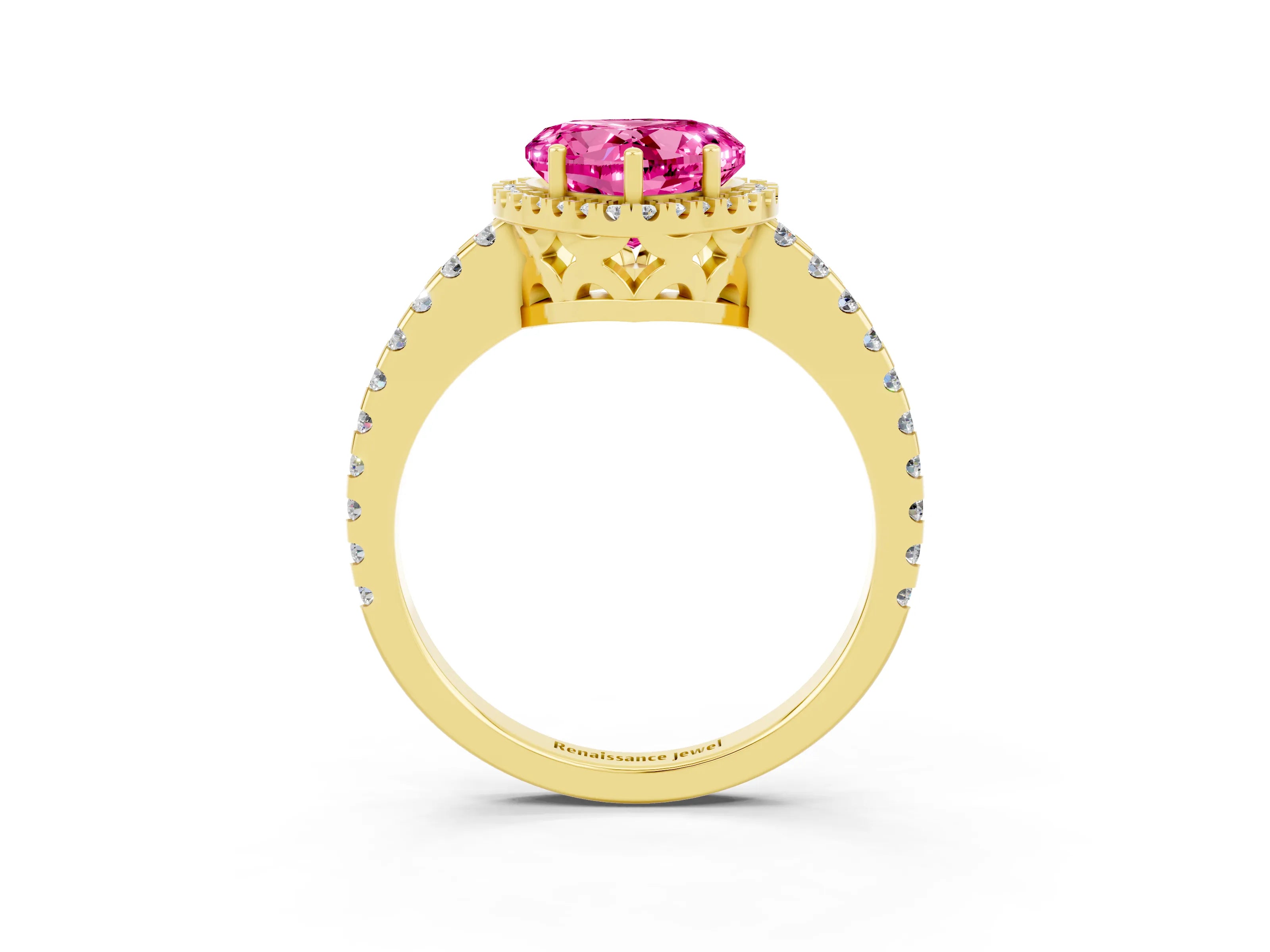 Yellow gold Heart Cut Pink Sapphire Halo Engagement Ring with Pavé Band and Prong Setting_15
